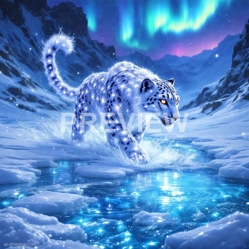 A majestic white snow leopard with striking black spots is walking through a frozen, icy landscape. Its fur appears to be shimmering with sparkling lights, blending fantastically with the icy surroundings. The backdrop features snow-covered mountains and a vibrant, colorful aurora borealis lighting up the night sky, creating a magical and surreal atmosphere.